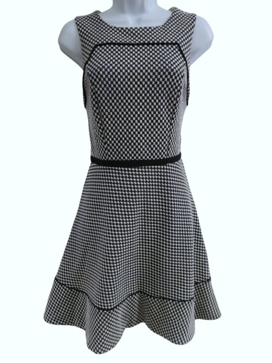Vintage Dresses & Skirts - Vintage Oleg Cassini Monochromatic Check Fit & Flare Dress Black Piping Zip Back